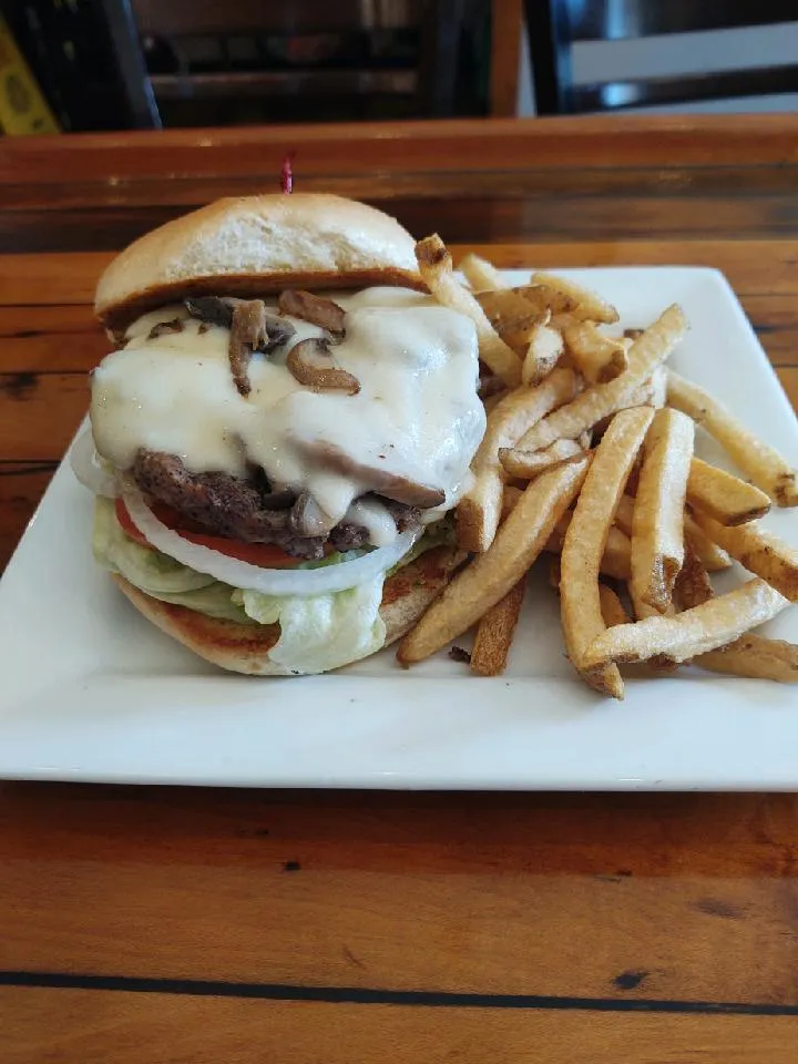 Mushroom Swiss Burger and Fries